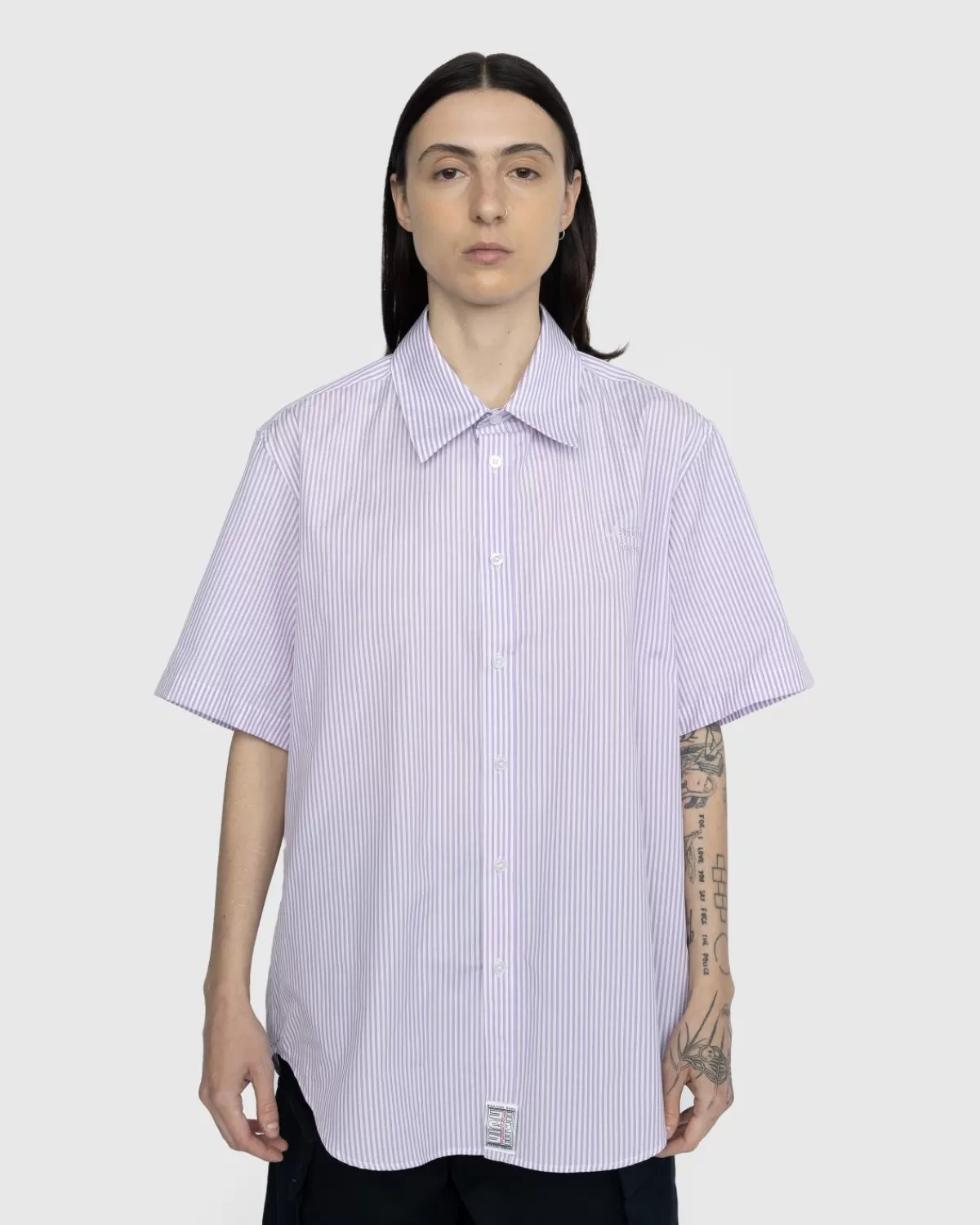 Overhemden^Martine Rose Klassiek Button-Down Overhemd Met Korte Mouwen, Lila En Witte Strepen